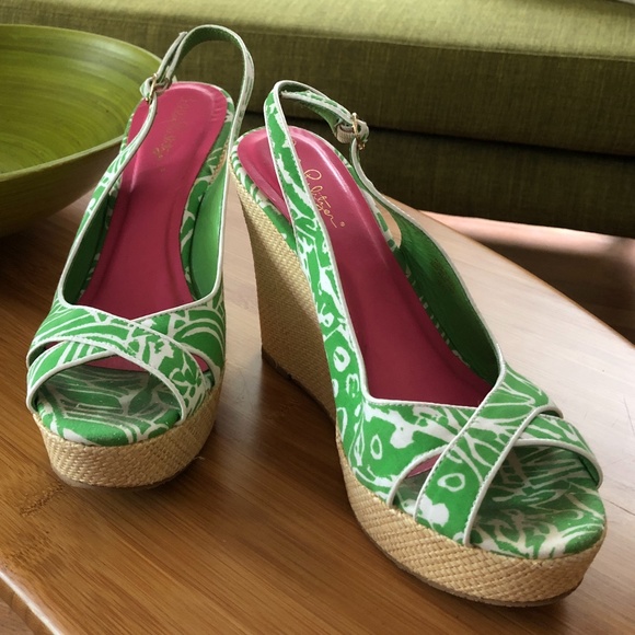 Lilly Pulitzer Green White Floral Wedges 8M - Picture 2 of 6